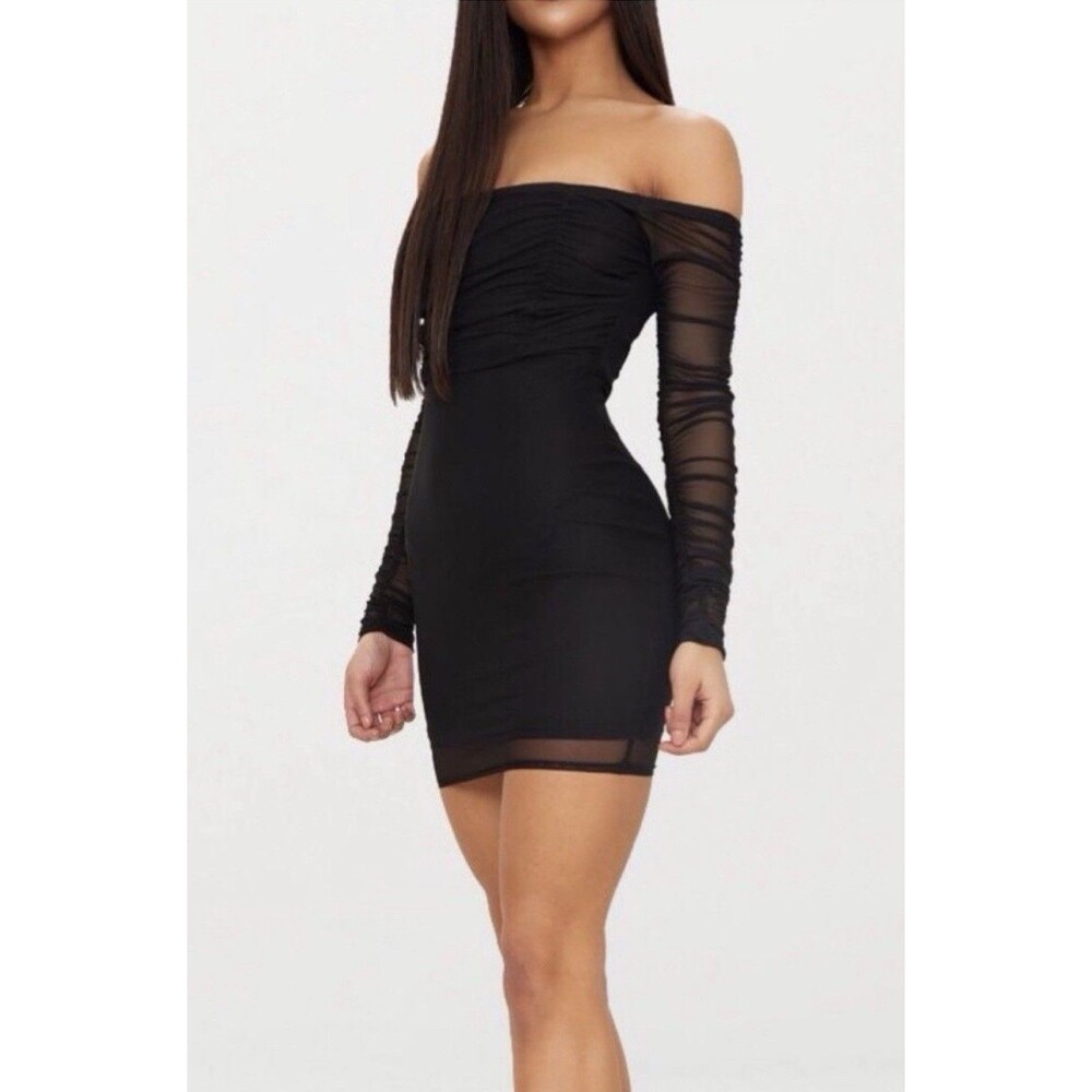 PrettyLittleThing Black Ruched Mesh Bardot Bodycon Dress US 2 Off The Shoulder